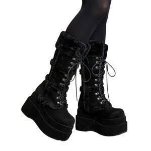 Demonia Bear-202 Black Faux Fur Vegan Suede Platform Boots Cyber Goth Size 6 NIB